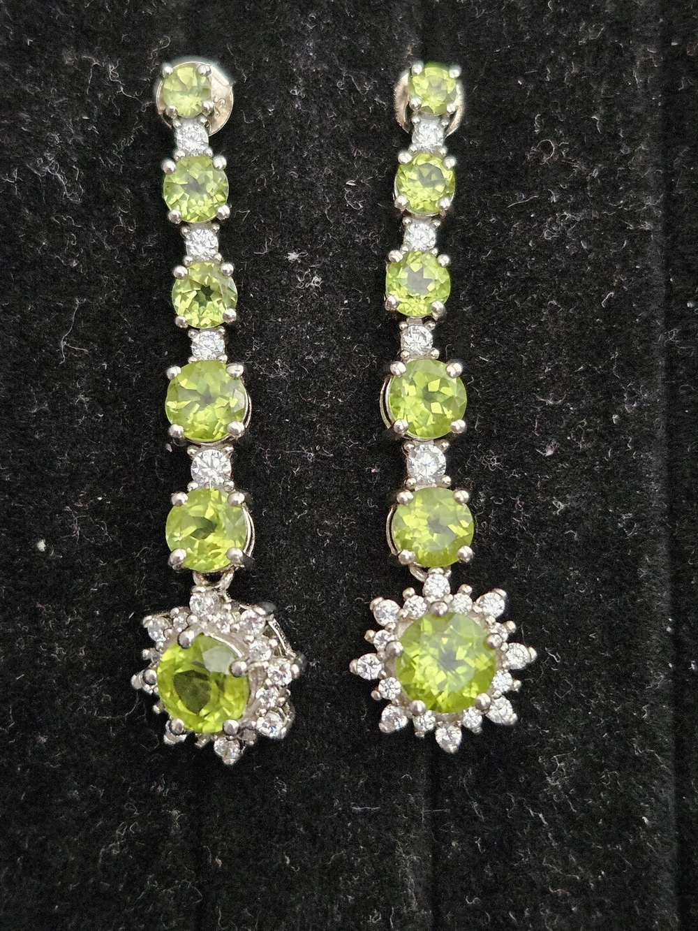 925S Green Peridot Drop Earrings with Clear Quartz Accents